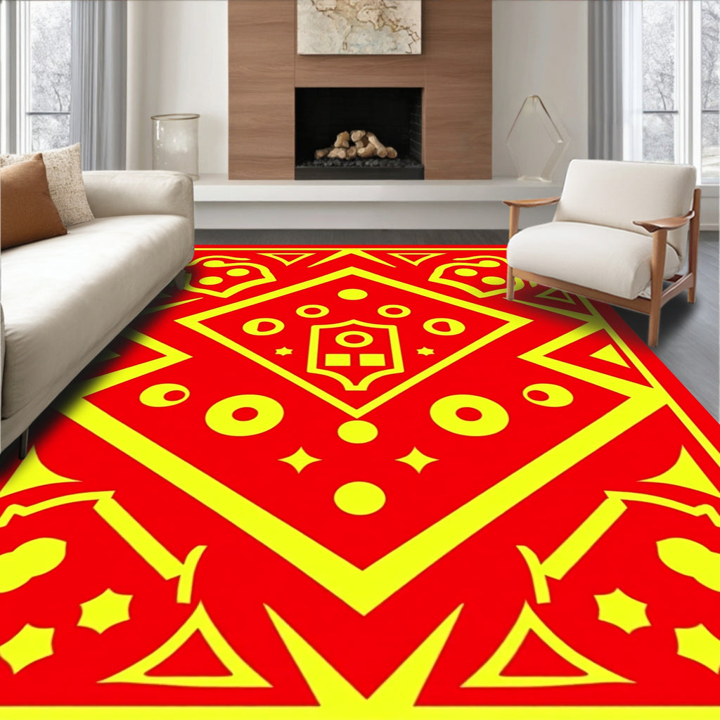 Vibrant Red Yellow Geometric Crest Rug