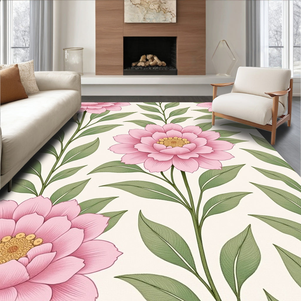 Pink Blooming Floral Leafy Branches Rug
