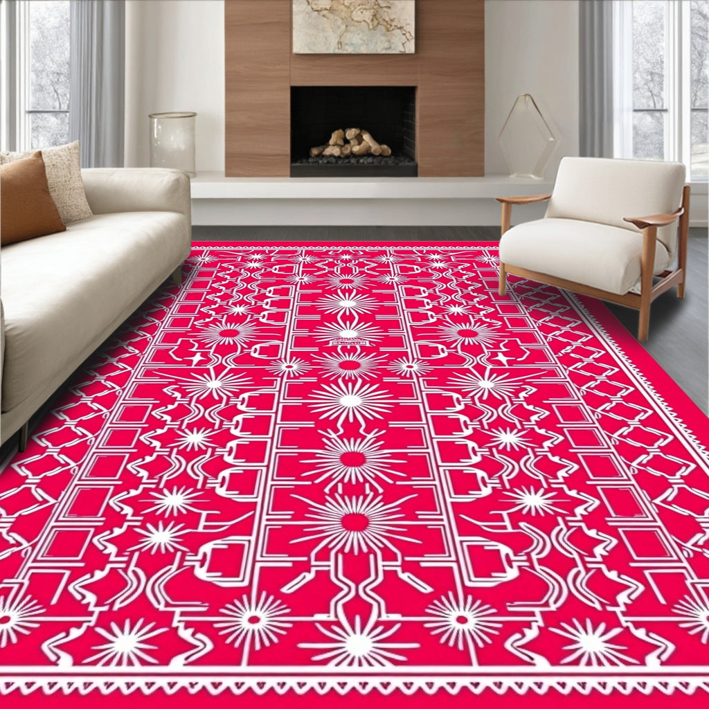 Bright Red Geometric Starburst Medallion Rug