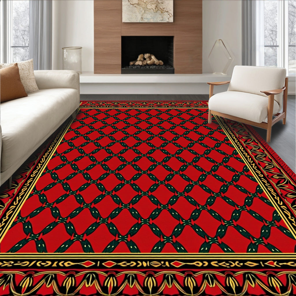 Crimson And Green Interlocking Diamond Border Rug
