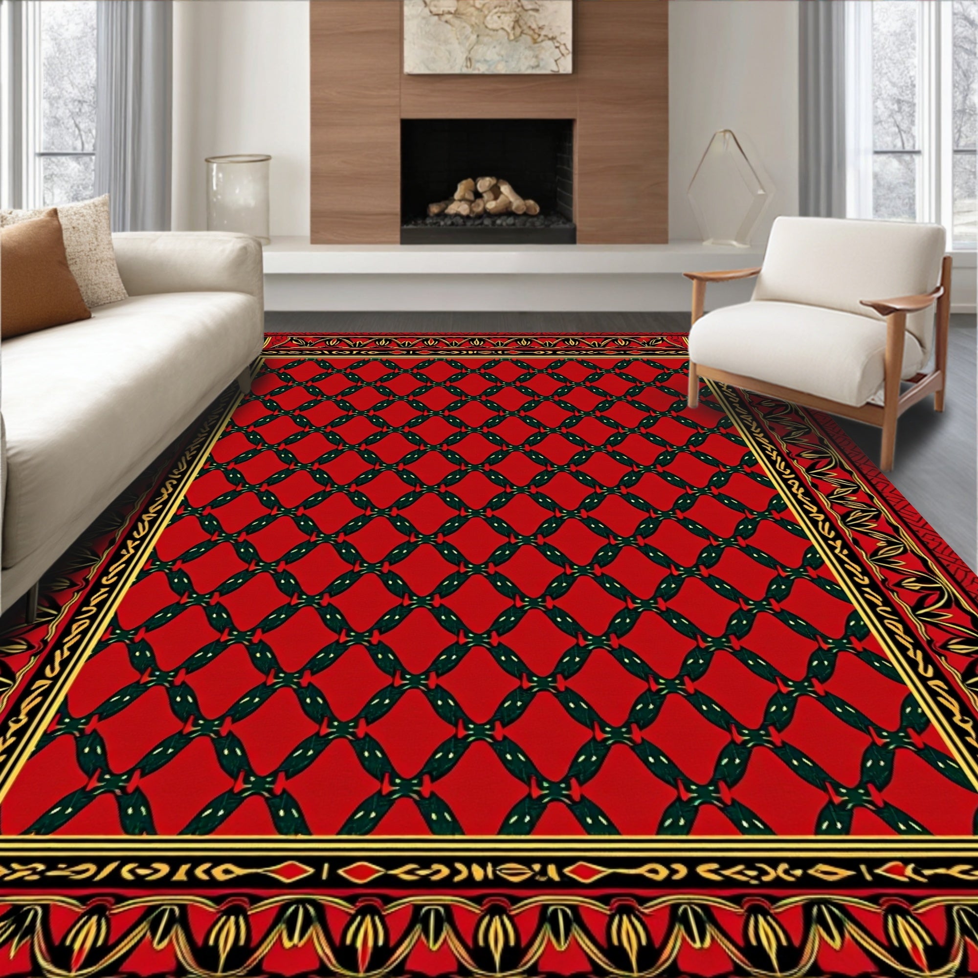 Crimson And Green Interlocking Diamond Border Rug