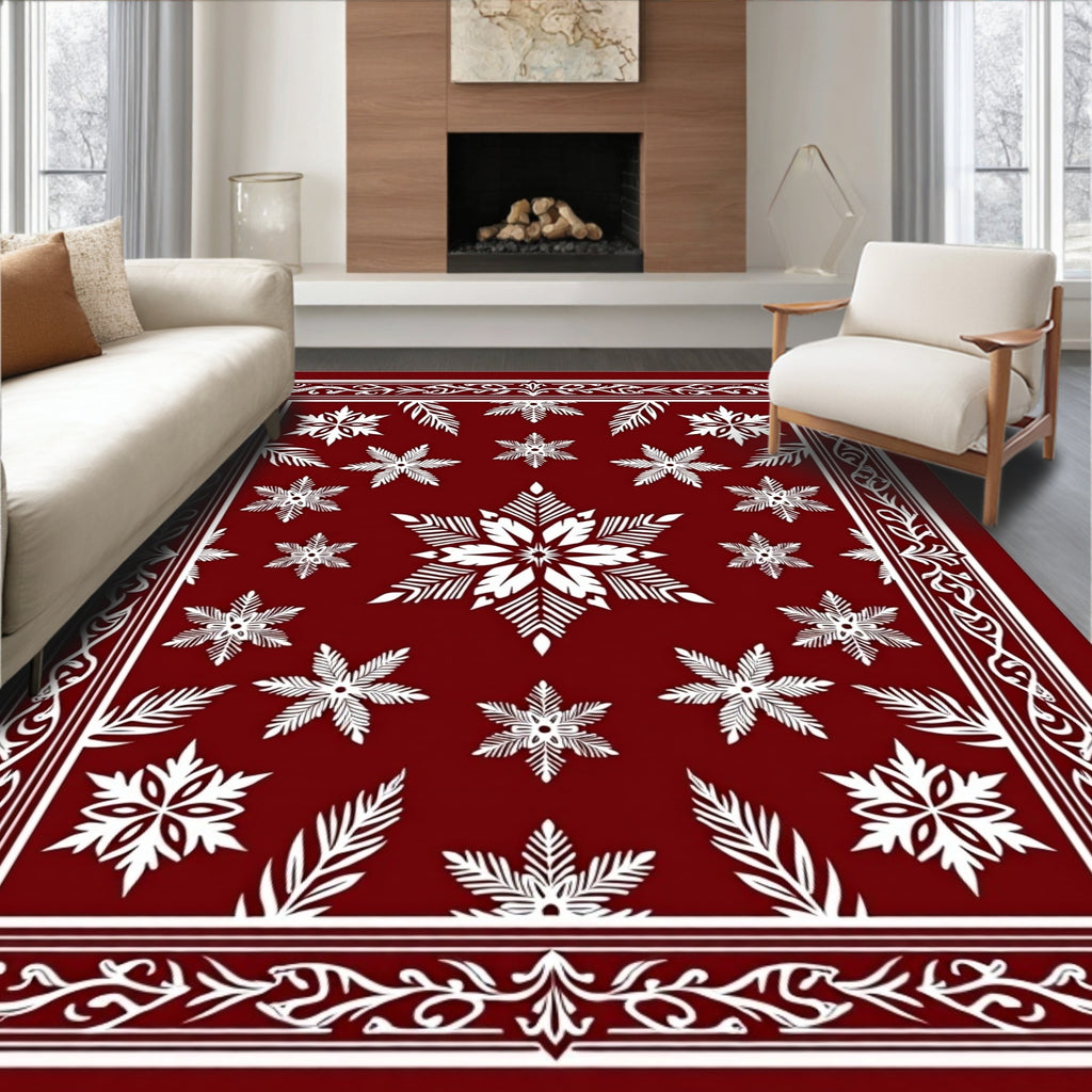 Crimson White Floral Snowflake Medallion Rug