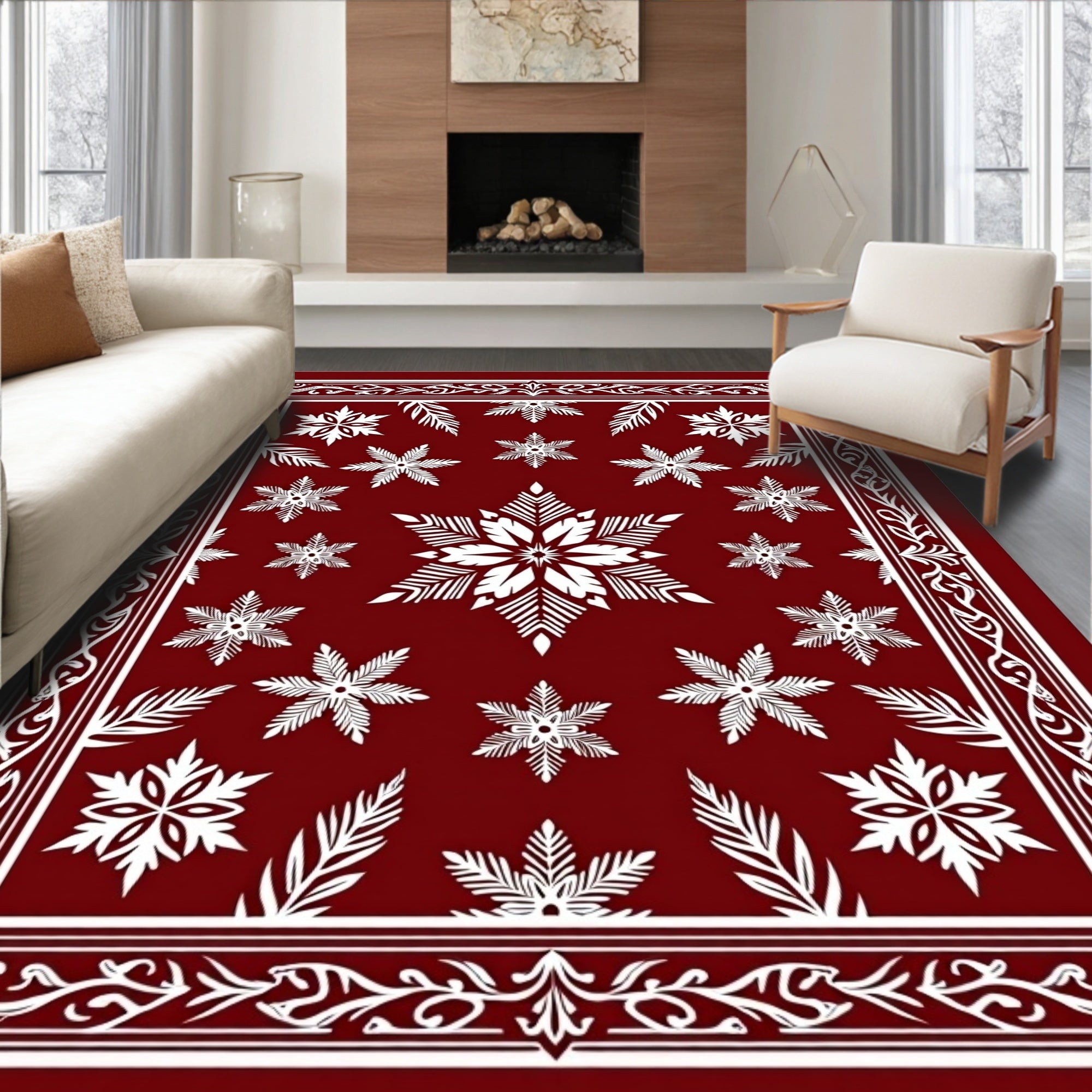 Crimson White Floral Snowflake Medallion Rug