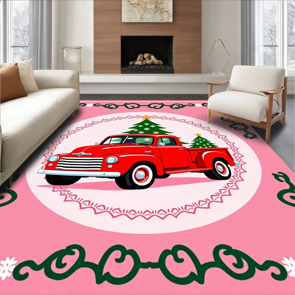 Red Truck Christmas Tree Festive Border Rug