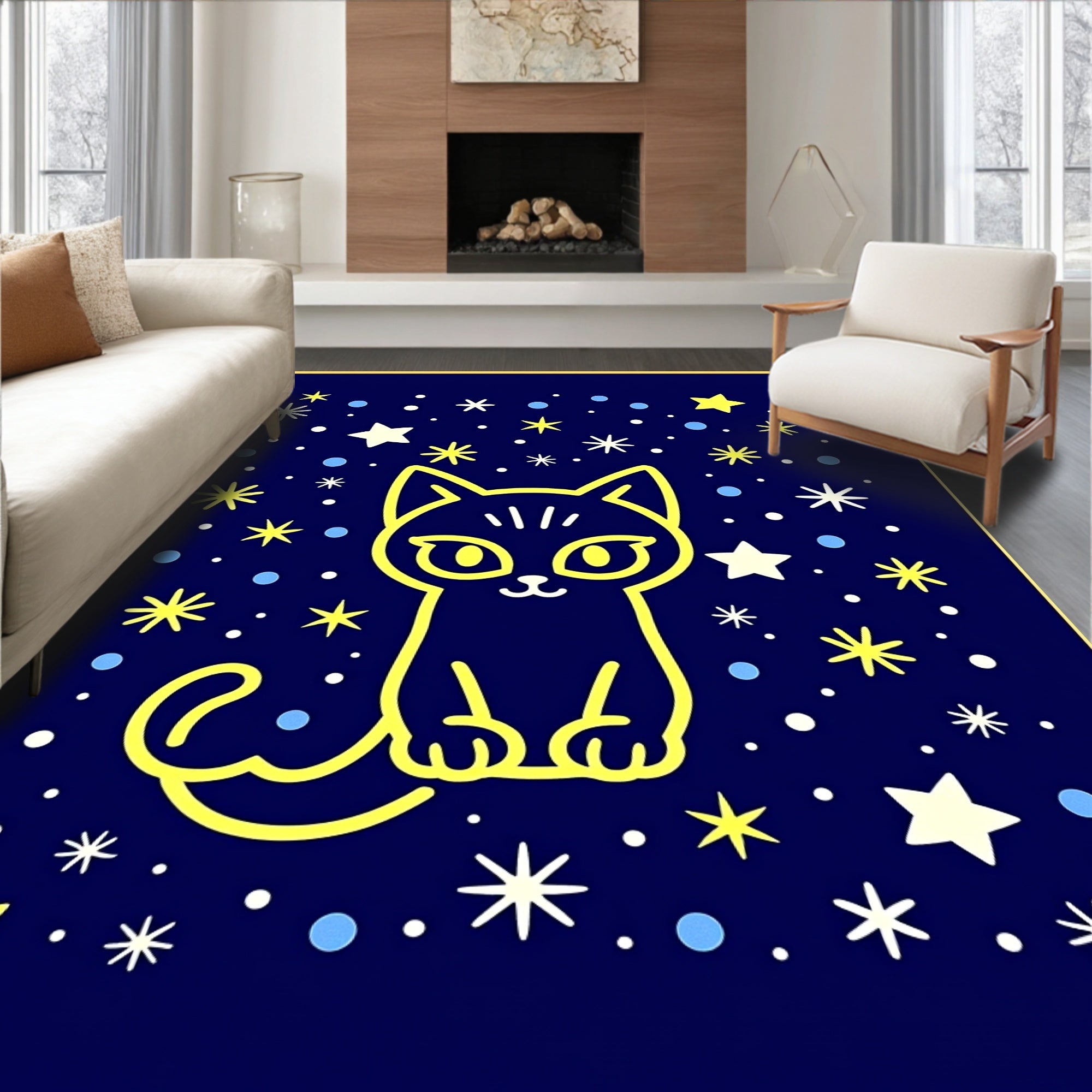 Cute Yellow Cat Starry Night Rug