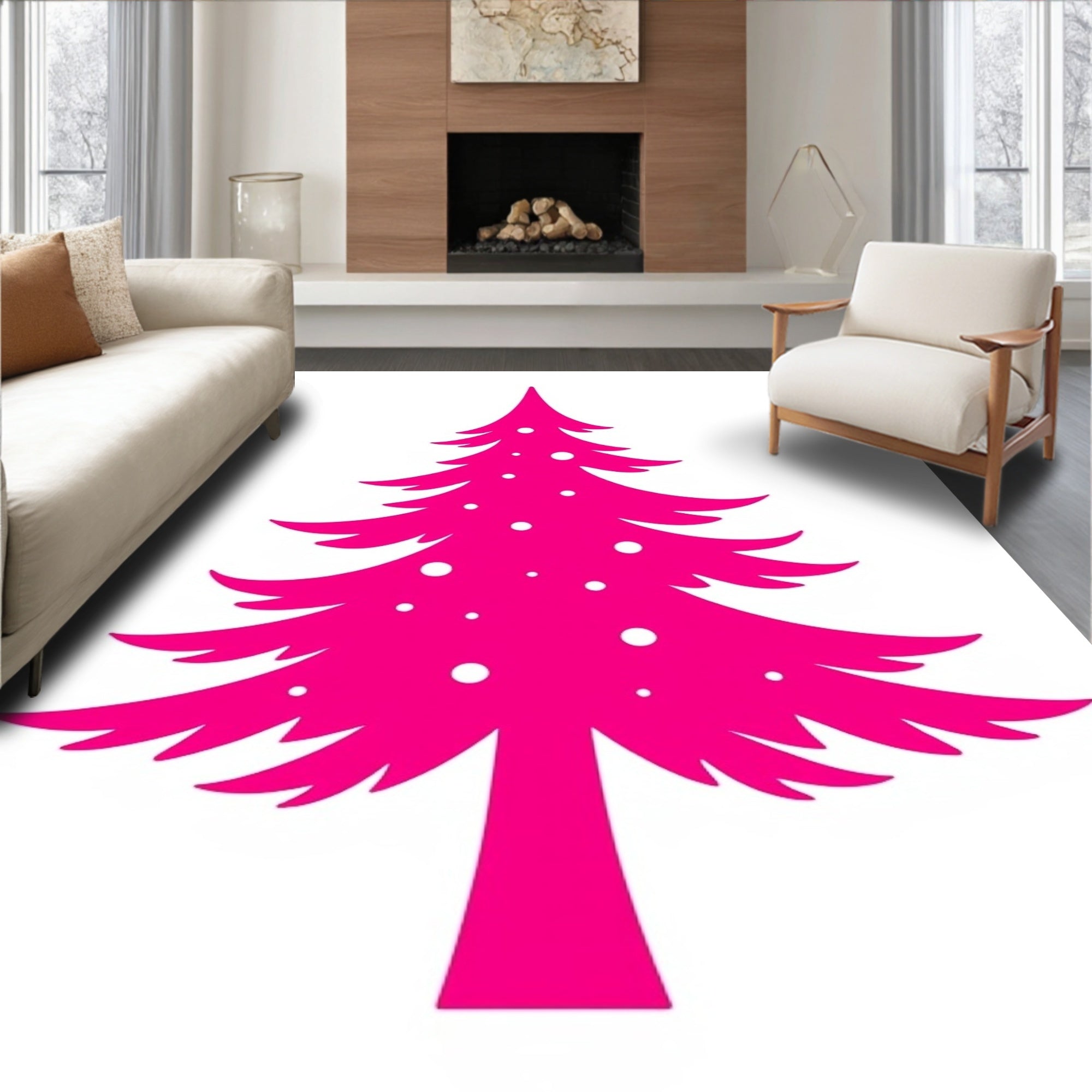 Vibrant Pink Christmas Tree with Ornaments Rug
