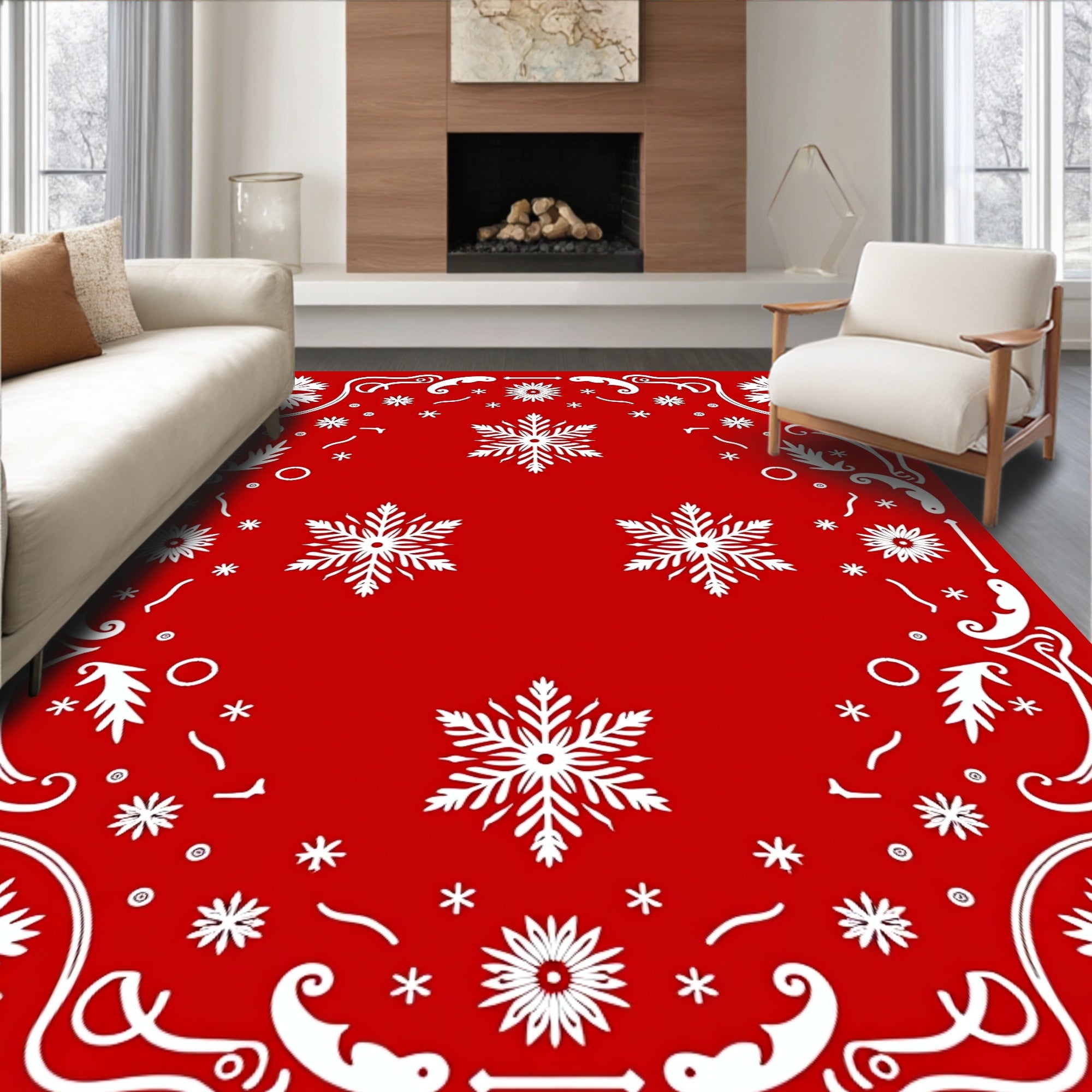 Festive White Snowflake Garland Rug
