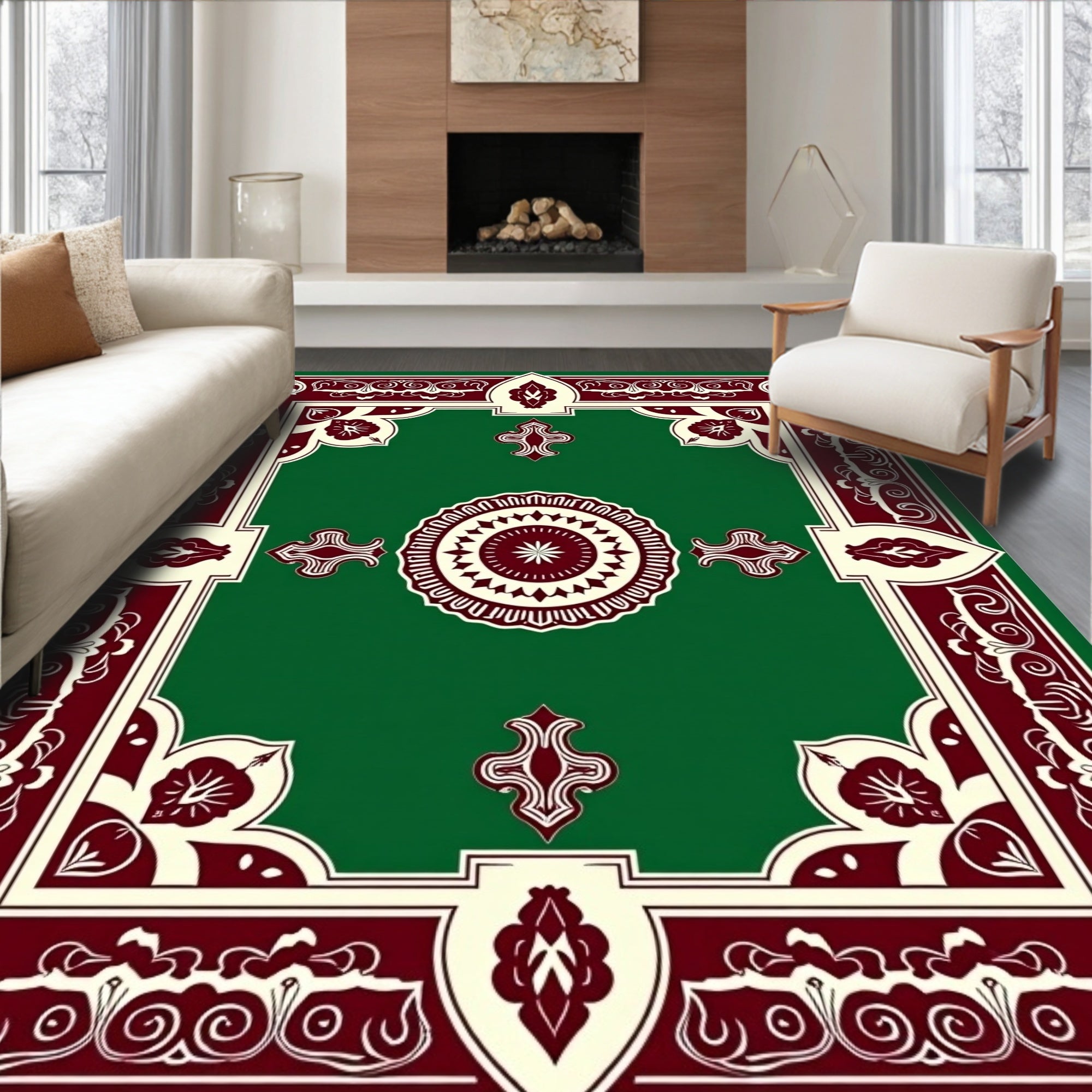 Deep Green Burgundy Floral Medallion Rug