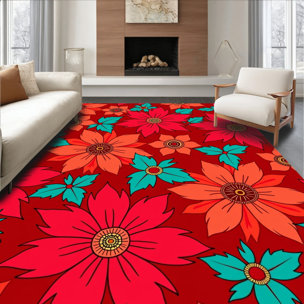 Vibrant Crimson Floral Medallion Arrangement Rug