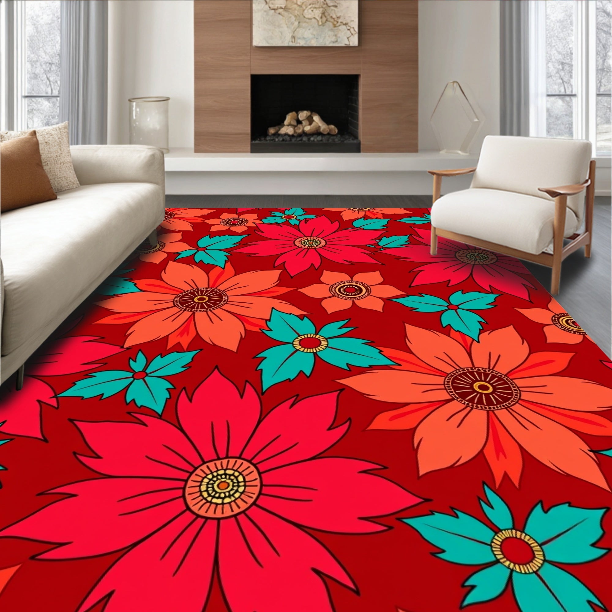 Vibrant Crimson Floral Medallion Arrangement Rug