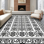 Intricate Black White Scrollwork Medallion Rug
