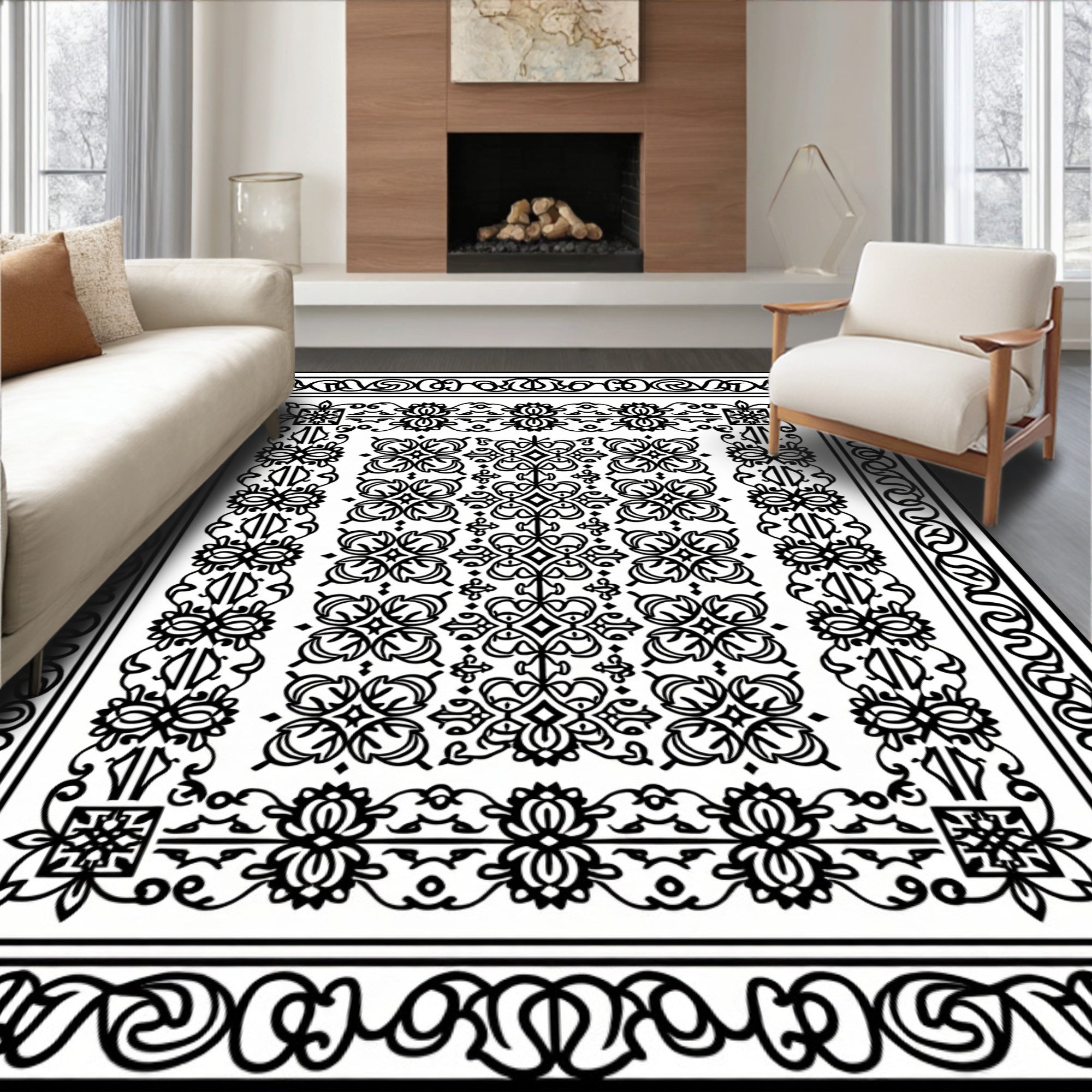 Intricate Black White Scrollwork Medallion Rug