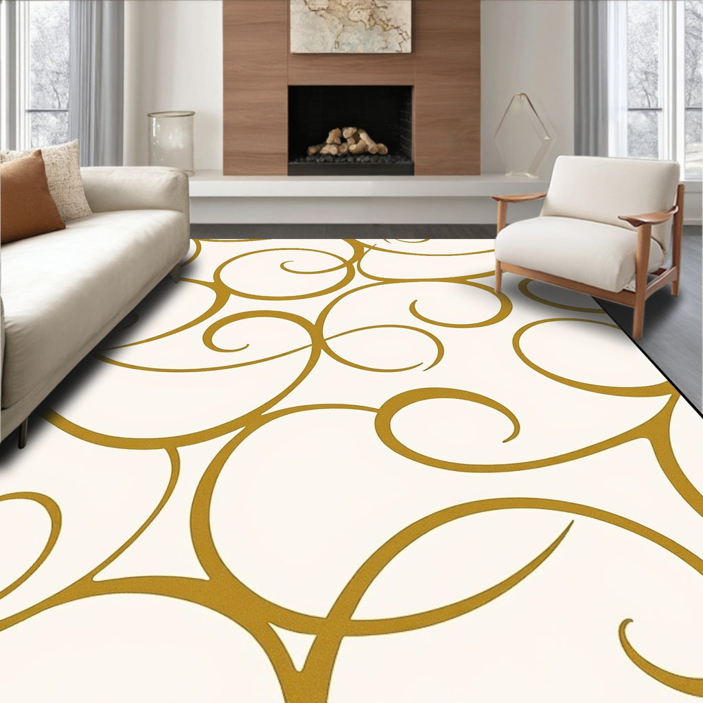 Golden Swirls Curlicues on Cream Rug