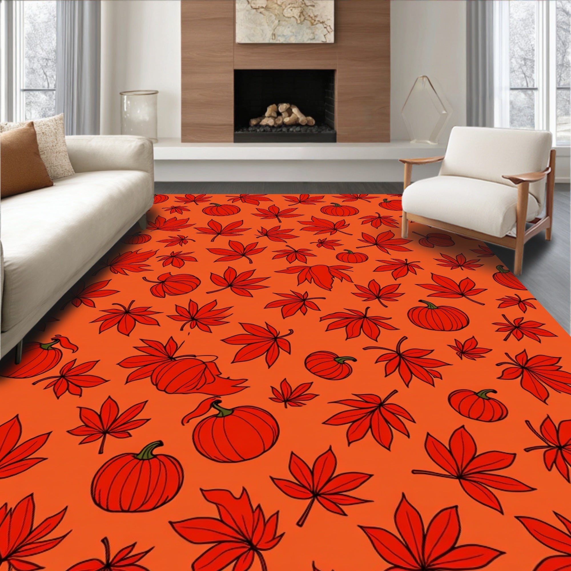 Red Autumn Leaf Pumpkin Scatter Rug