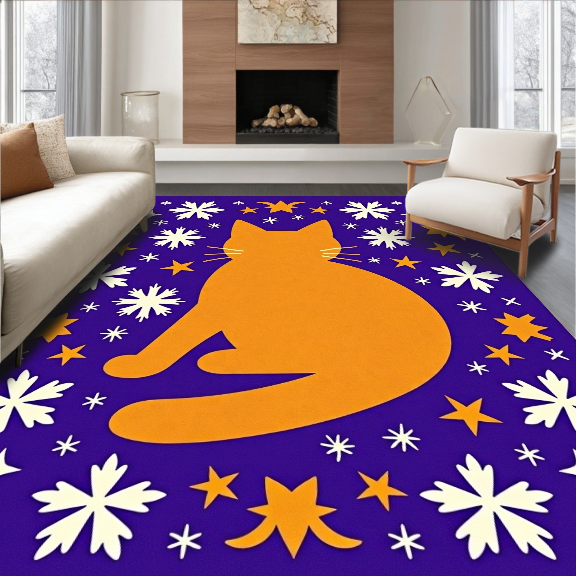 Orange Cat White Snowflakes Blue Sky Rug