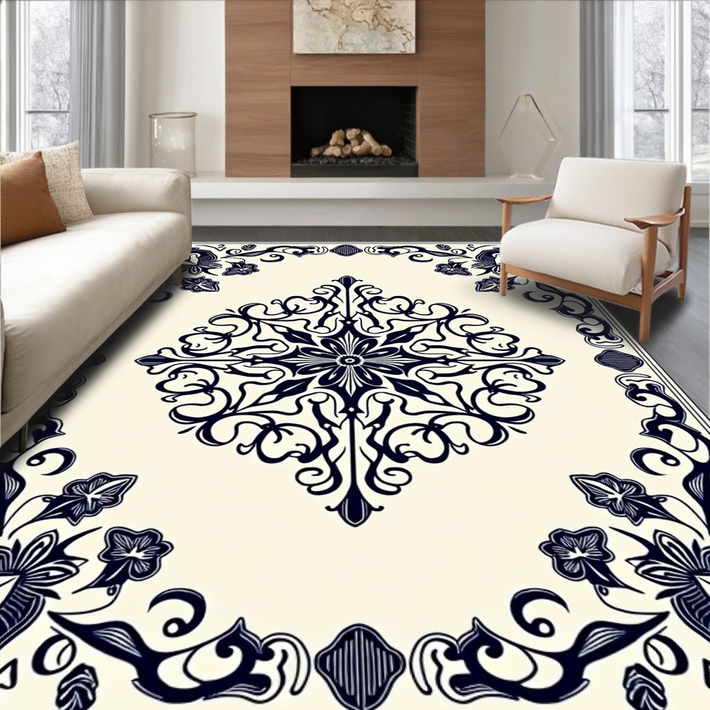 Dark Blue Floral Scrollwork Medallion Rug