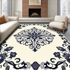 Dark Blue Floral Scrollwork Medallion Rug