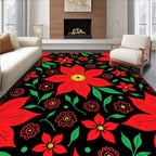 Bold Red Floral Garden Black Rug
