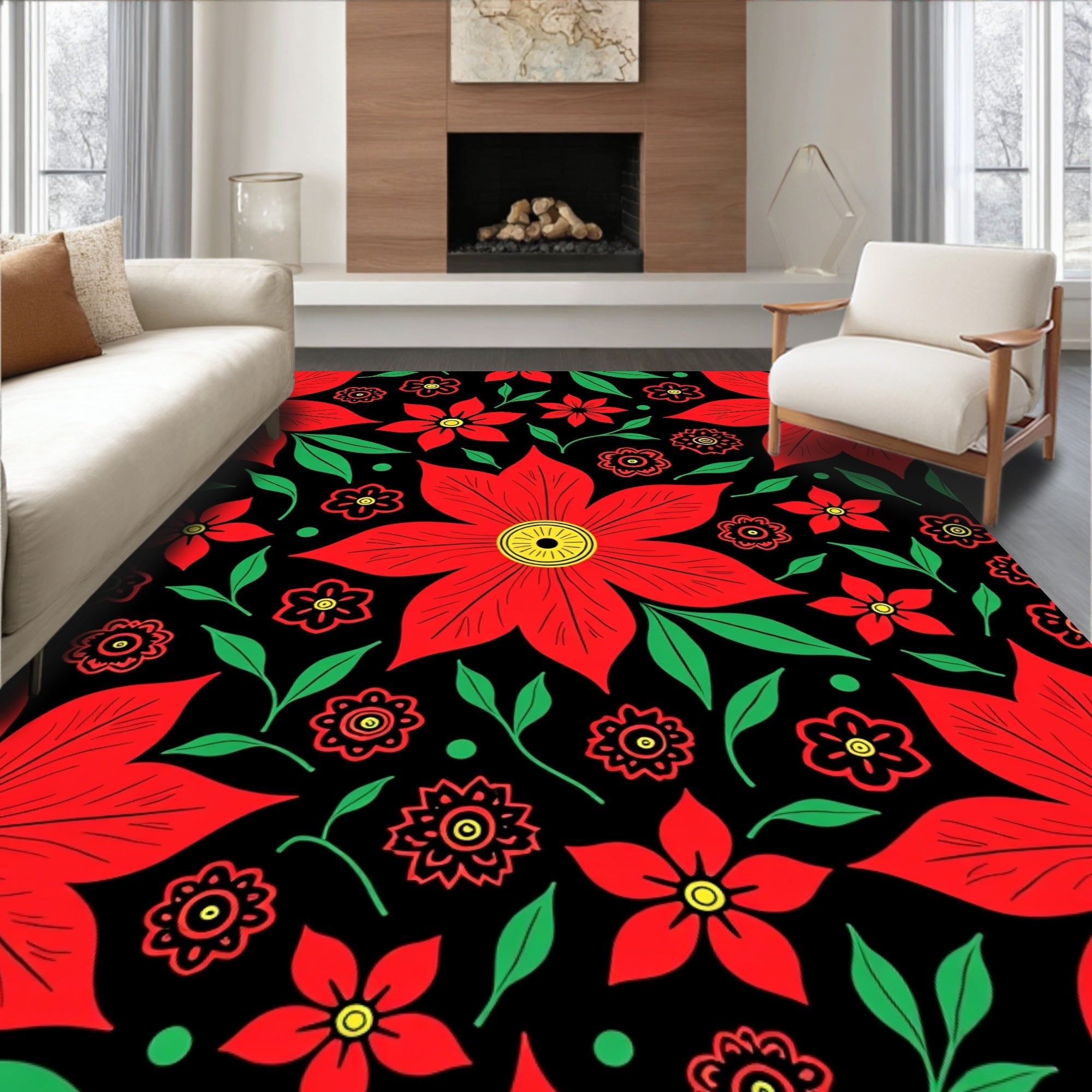 Bold Red Floral Garden Black Rug