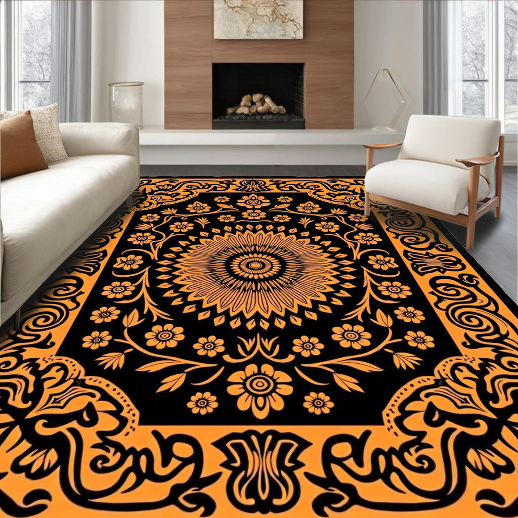 Ornate Floral Medallion Black Orange Rug