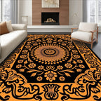 Ornate Floral Medallion Black Orange Rug