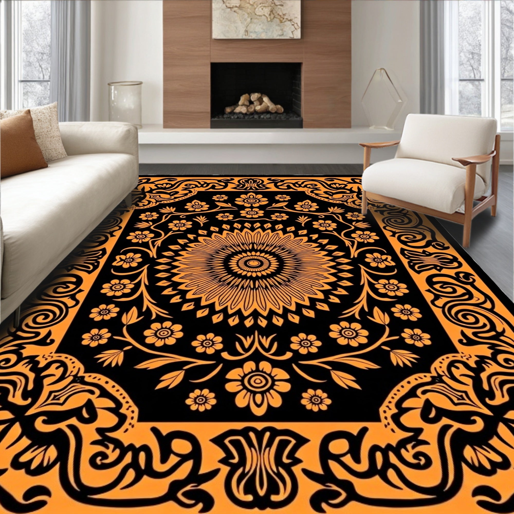 Ornate Floral Medallion Black Orange Rug