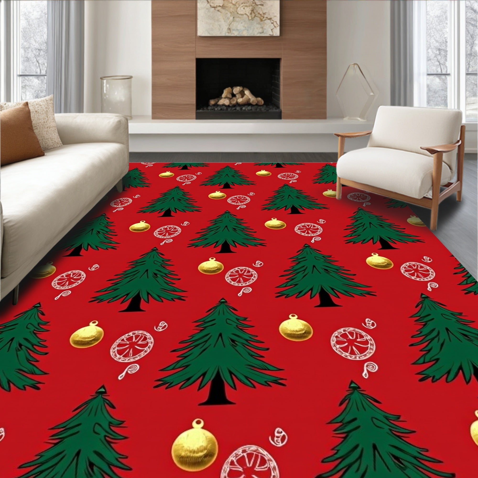 Green Trees Gold Ornaments Red Background Rug
