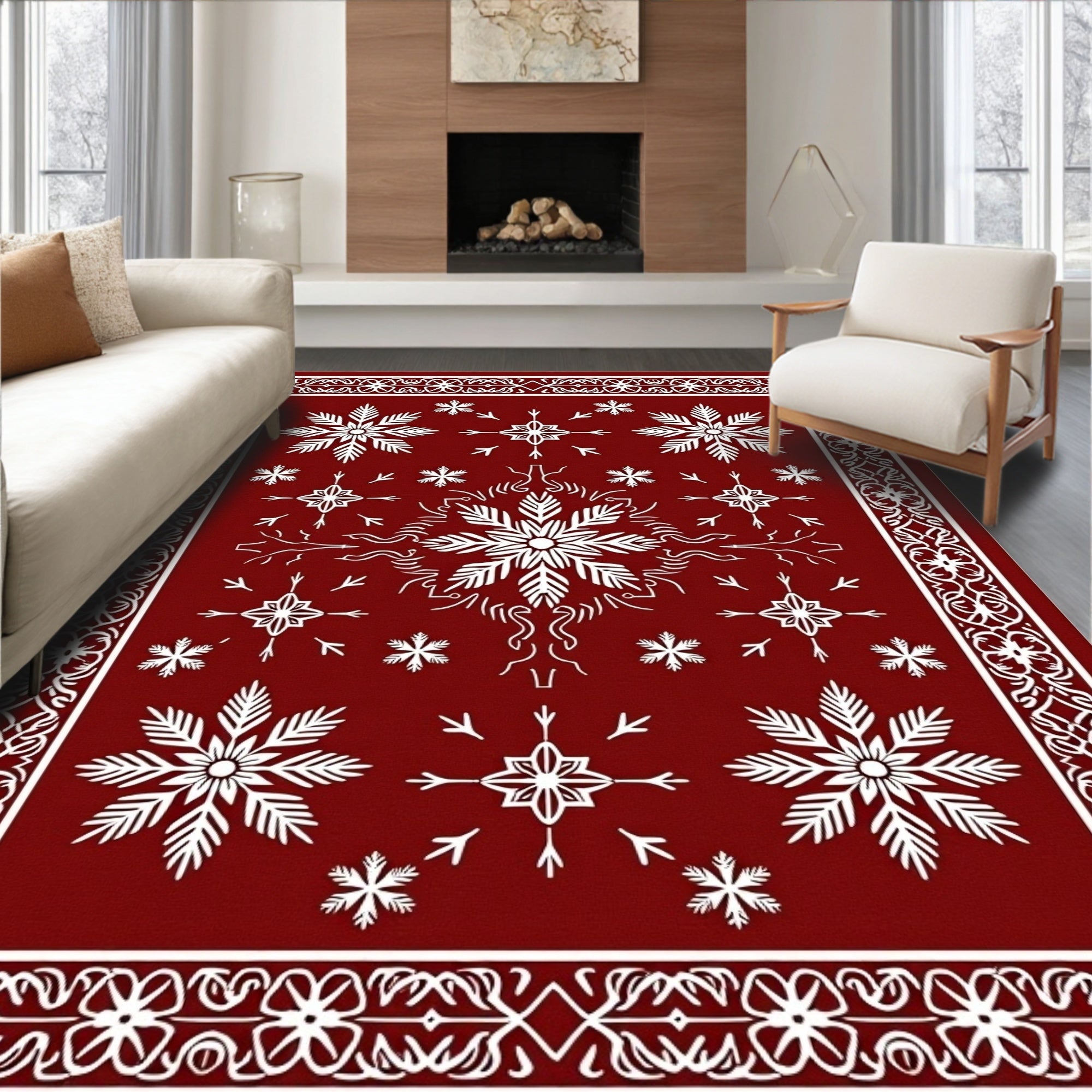Crimson Snowflake Medallion Border Rug