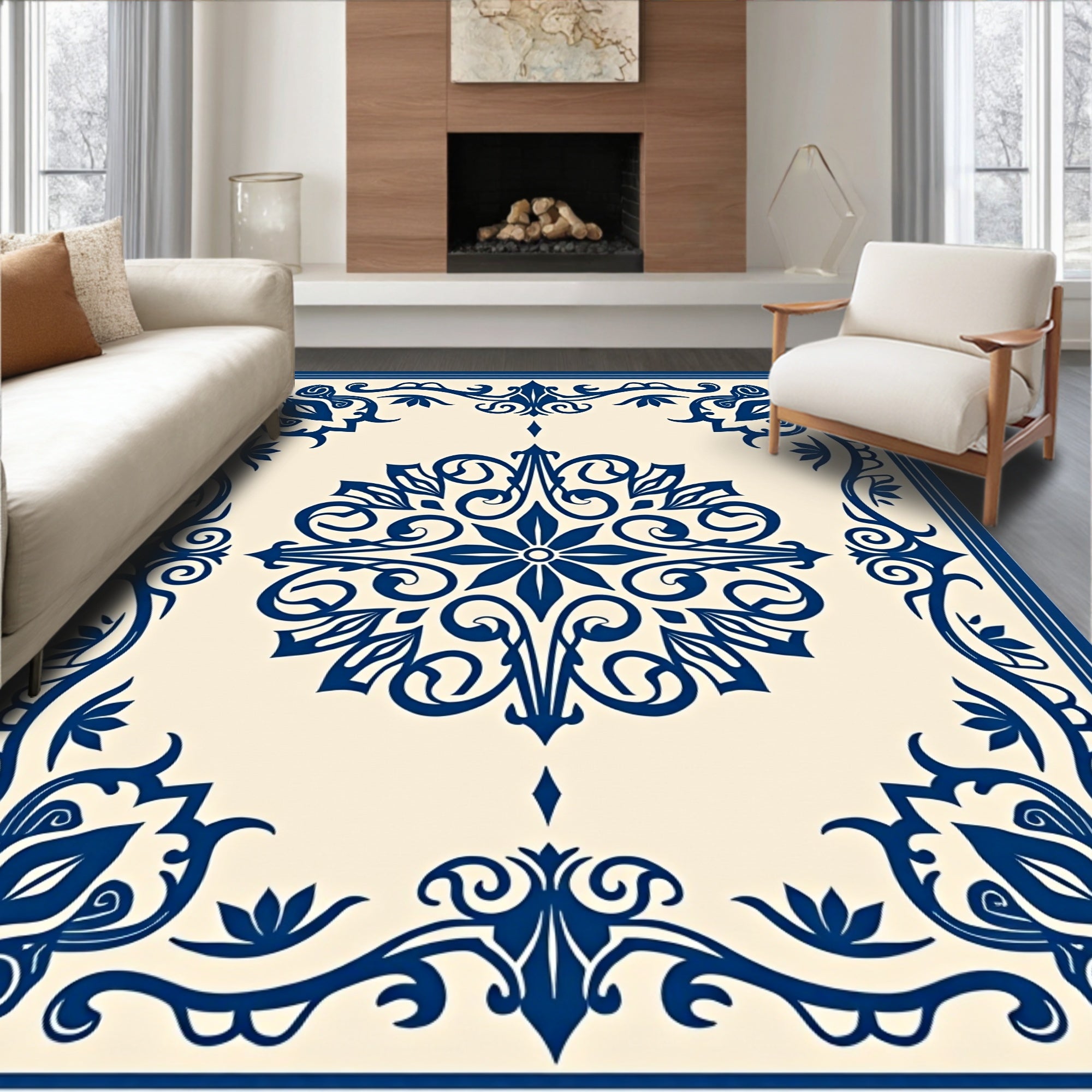 Classic Blue Ivory Scrollwork Medallion Rug