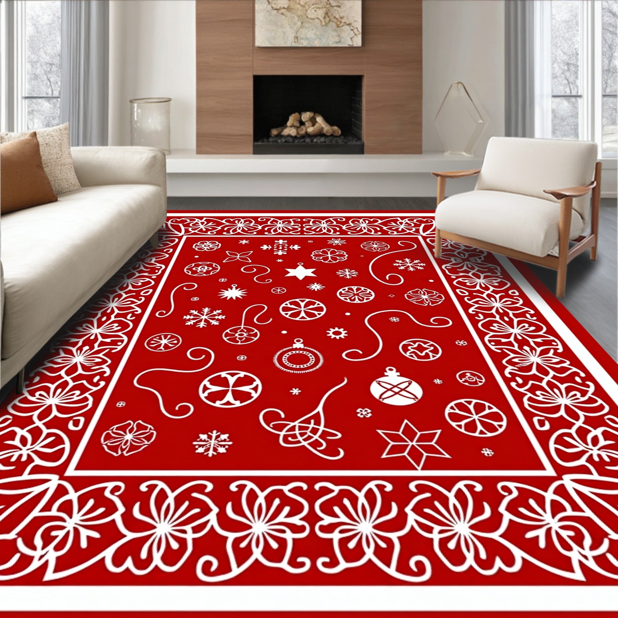 White Floral Snowflake Christmas Ornaments Rug