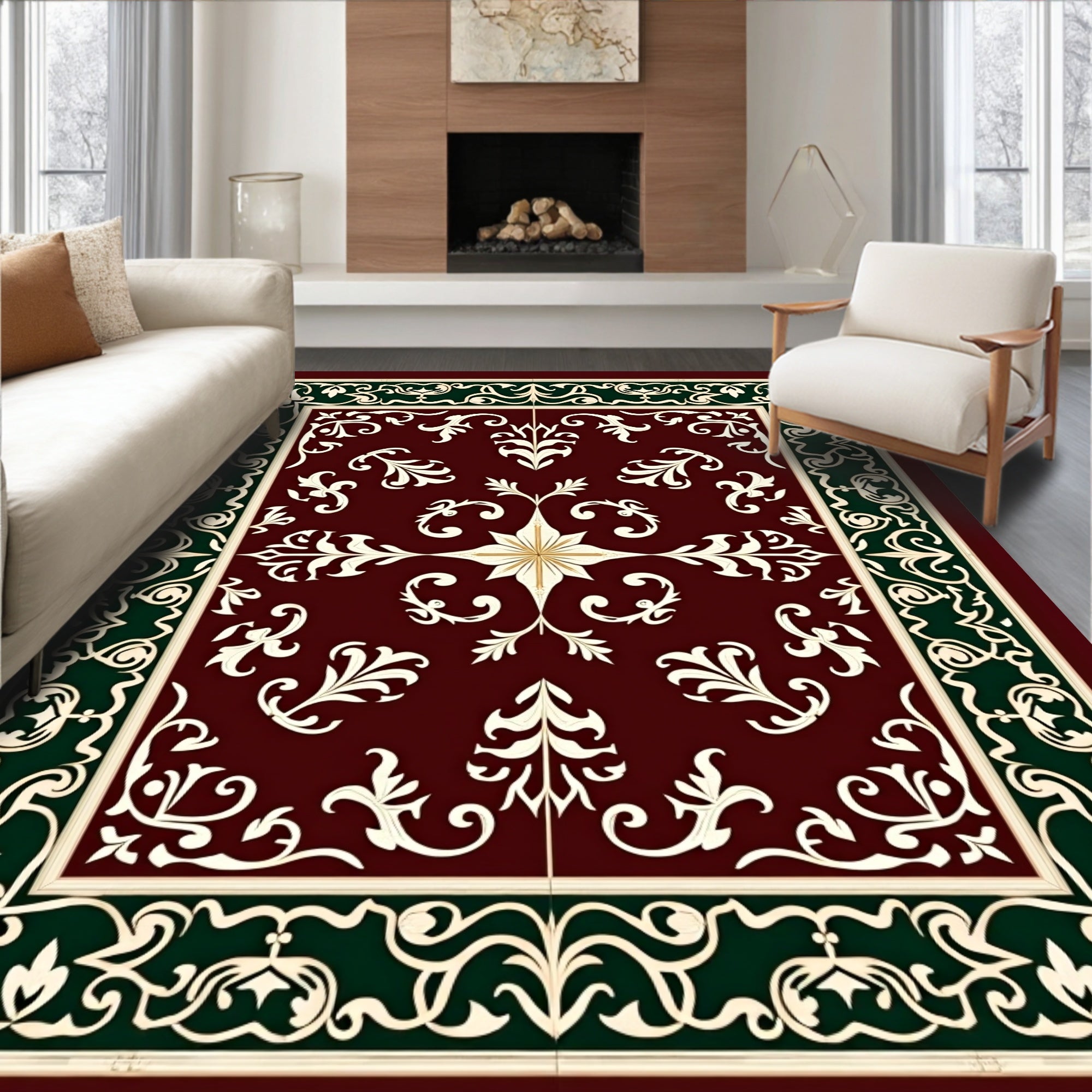 Deep Red Floral and Scroll Medallion Rug