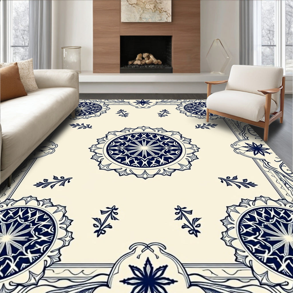 Cream Ivory Navy Mandala Medallion Border Rug