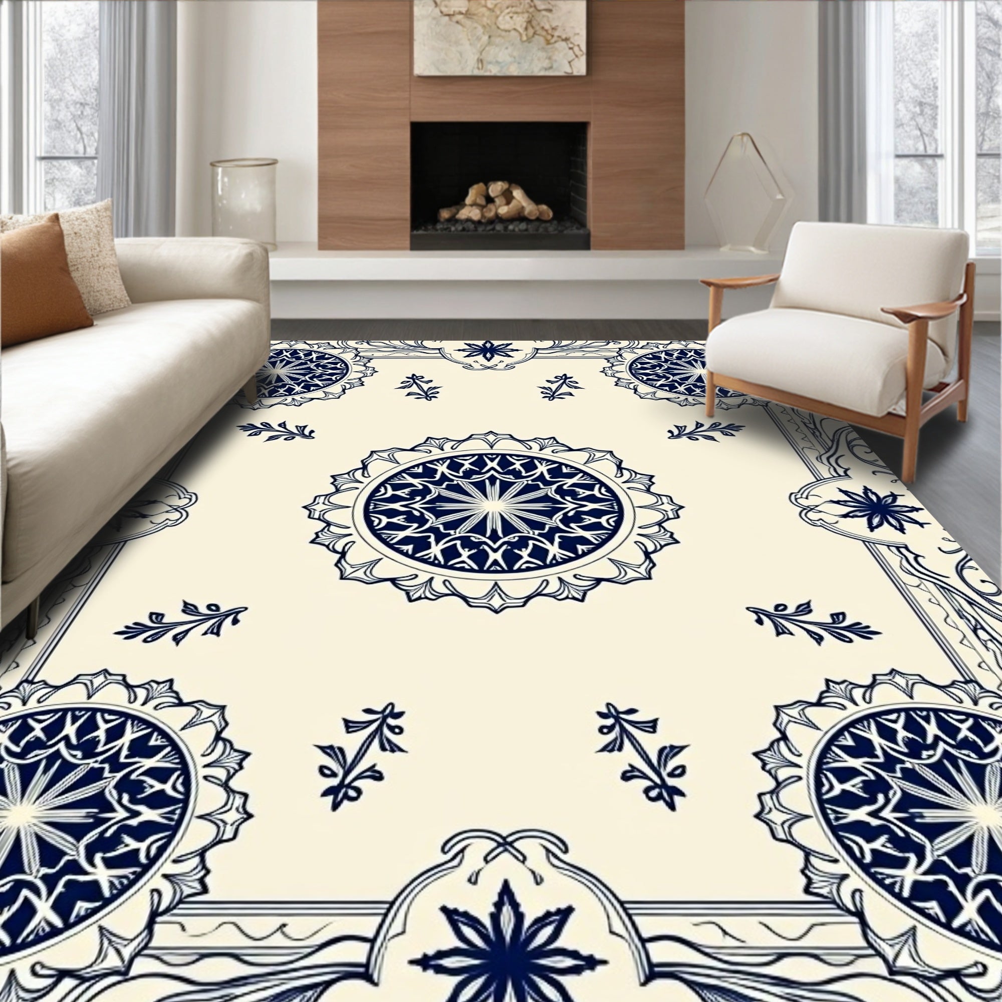 Cream Ivory Navy Mandala Medallion Border Rug