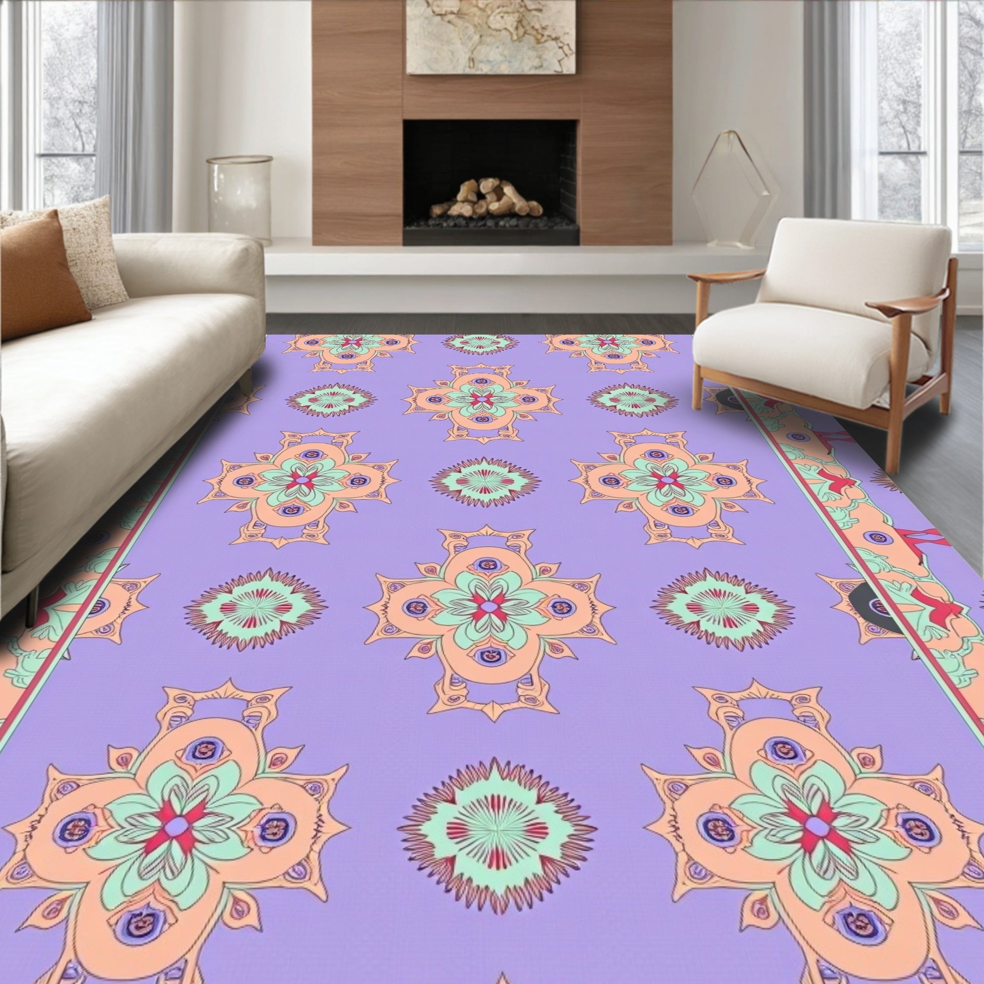 Ornate Lavender Floral Mandala Border Rug