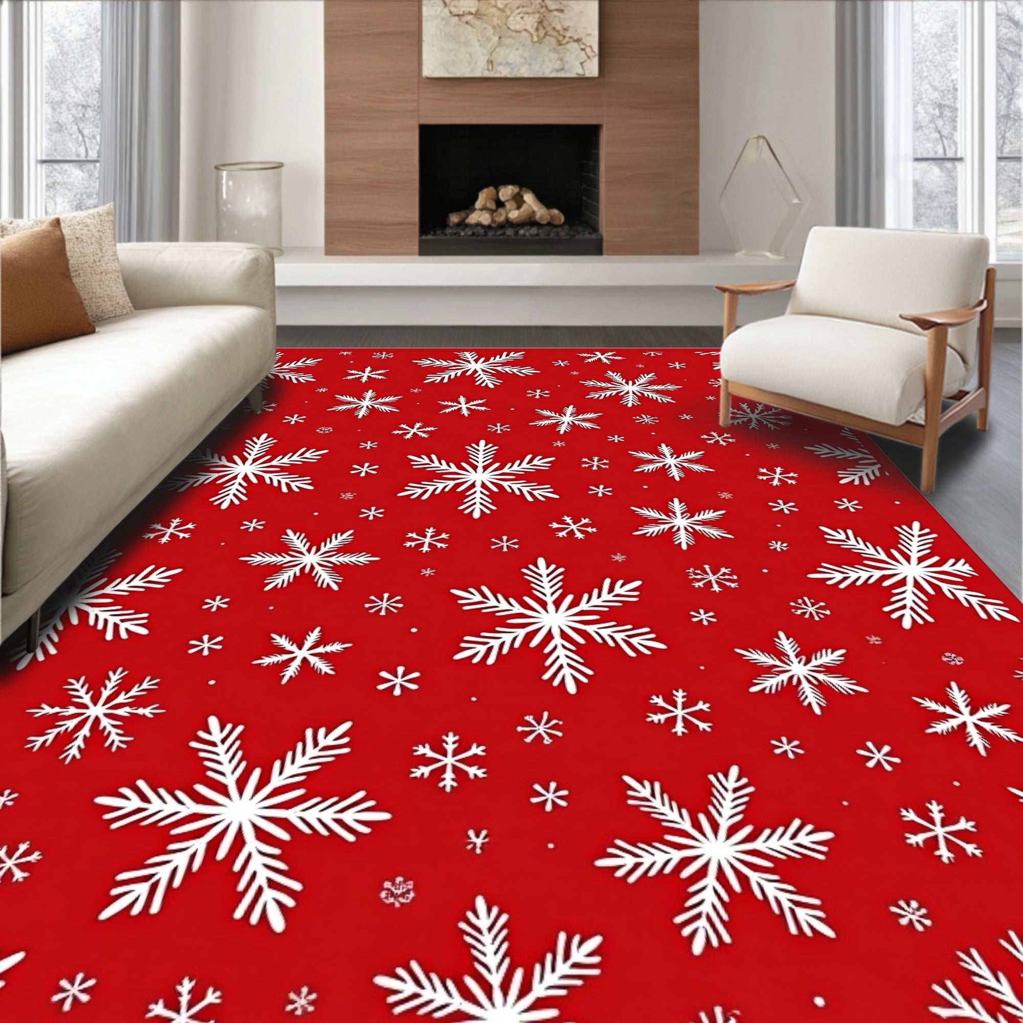 White Snowflake Scatter Red Field Rug