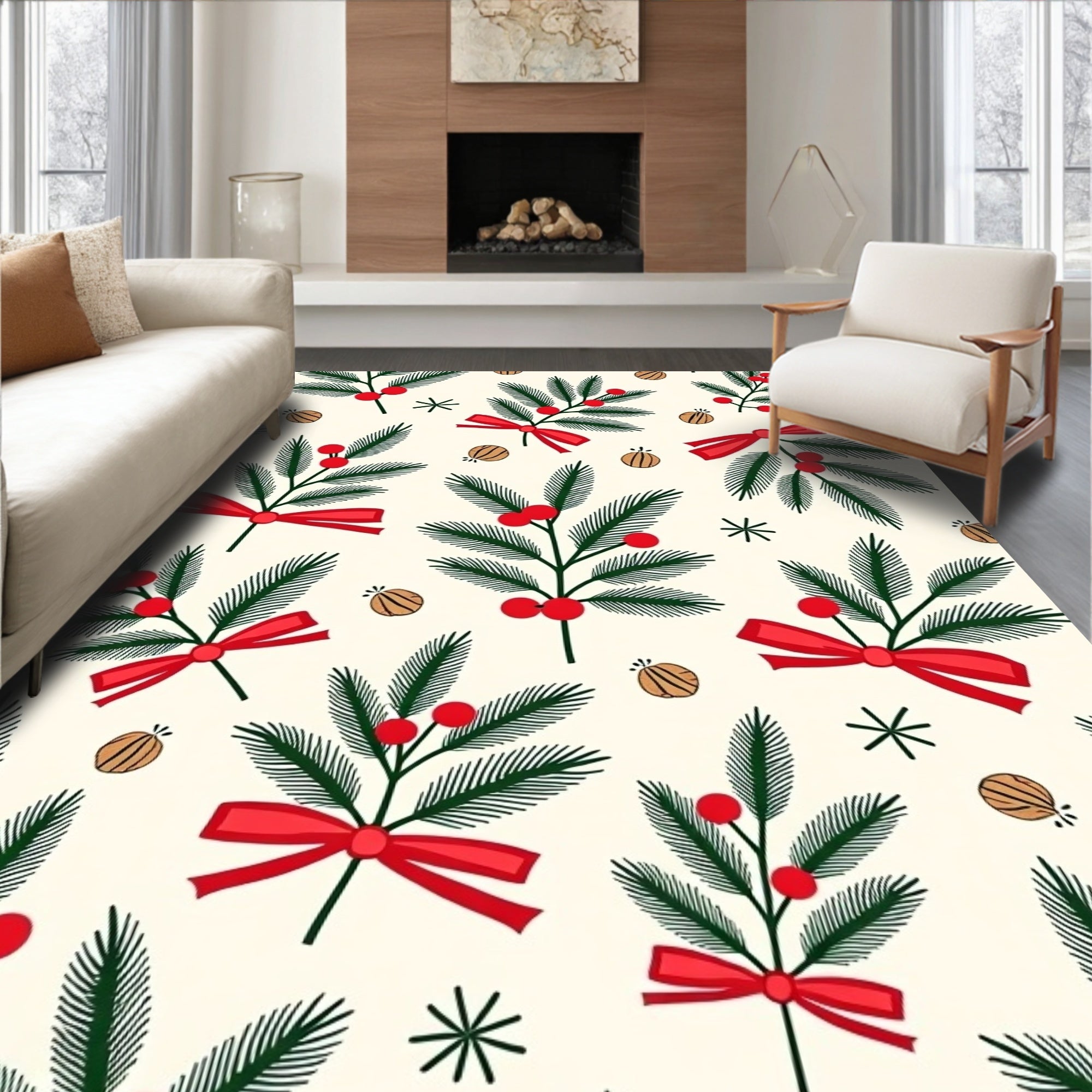 Berry Leaf Sprigs with Red Bows Rug