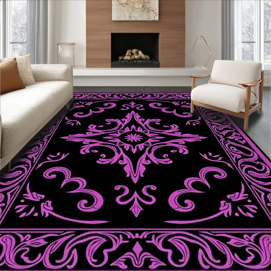 Purple Black Vintage Floral Border Rug
