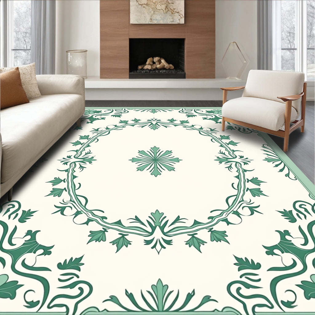 Ivory Green Floral Scroll Medallion Rug