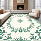 Ivory Green Floral Scroll Medallion Rug
