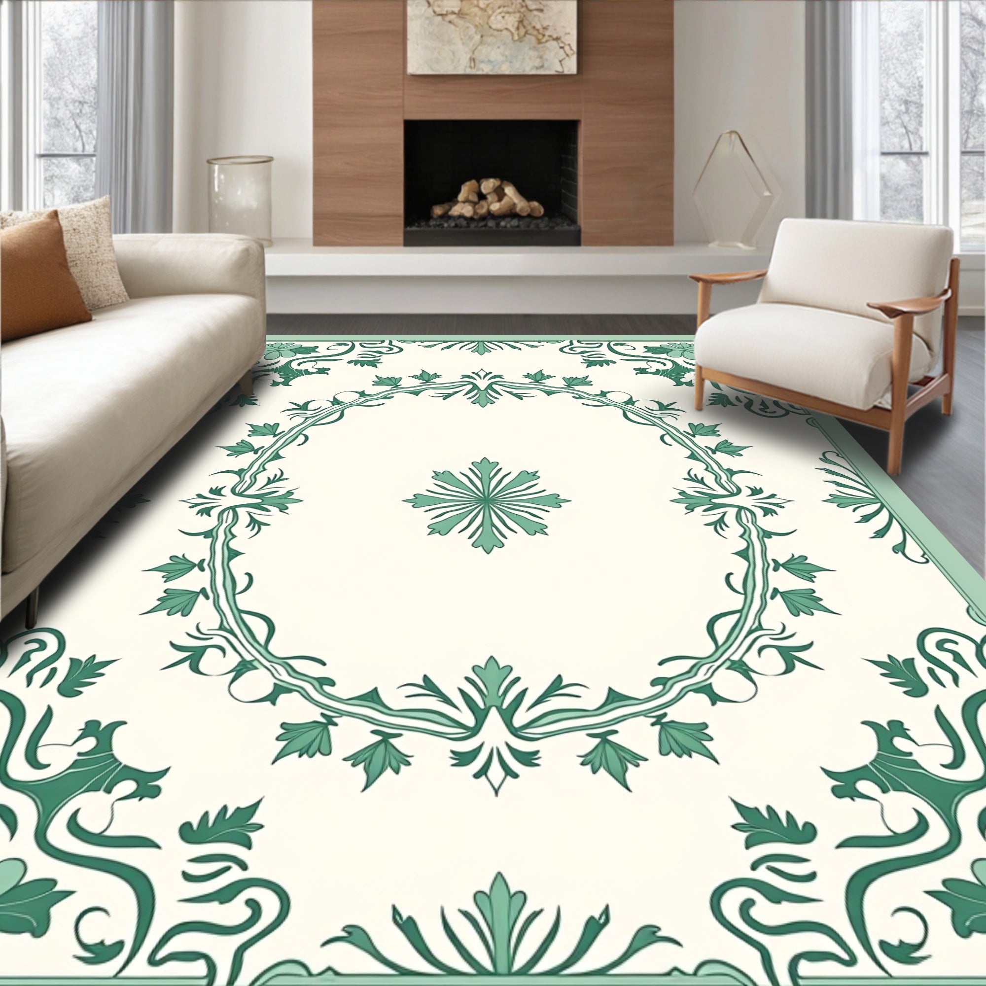 Ivory Green Floral Scroll Medallion Rug