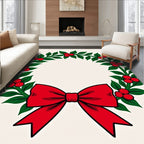 Green Holly Red Berry Bow Wreath Rug