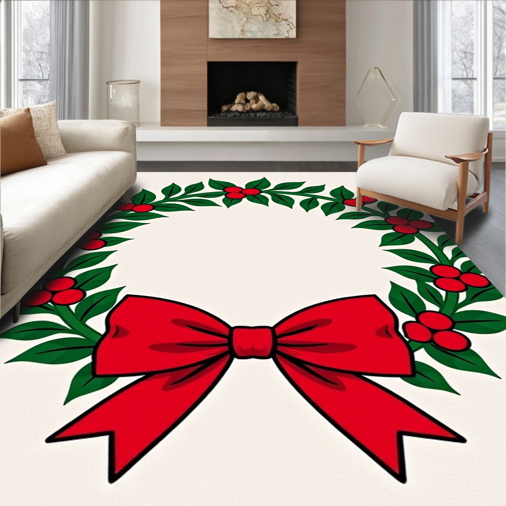 Green Holly Red Berry Bow Wreath Rug