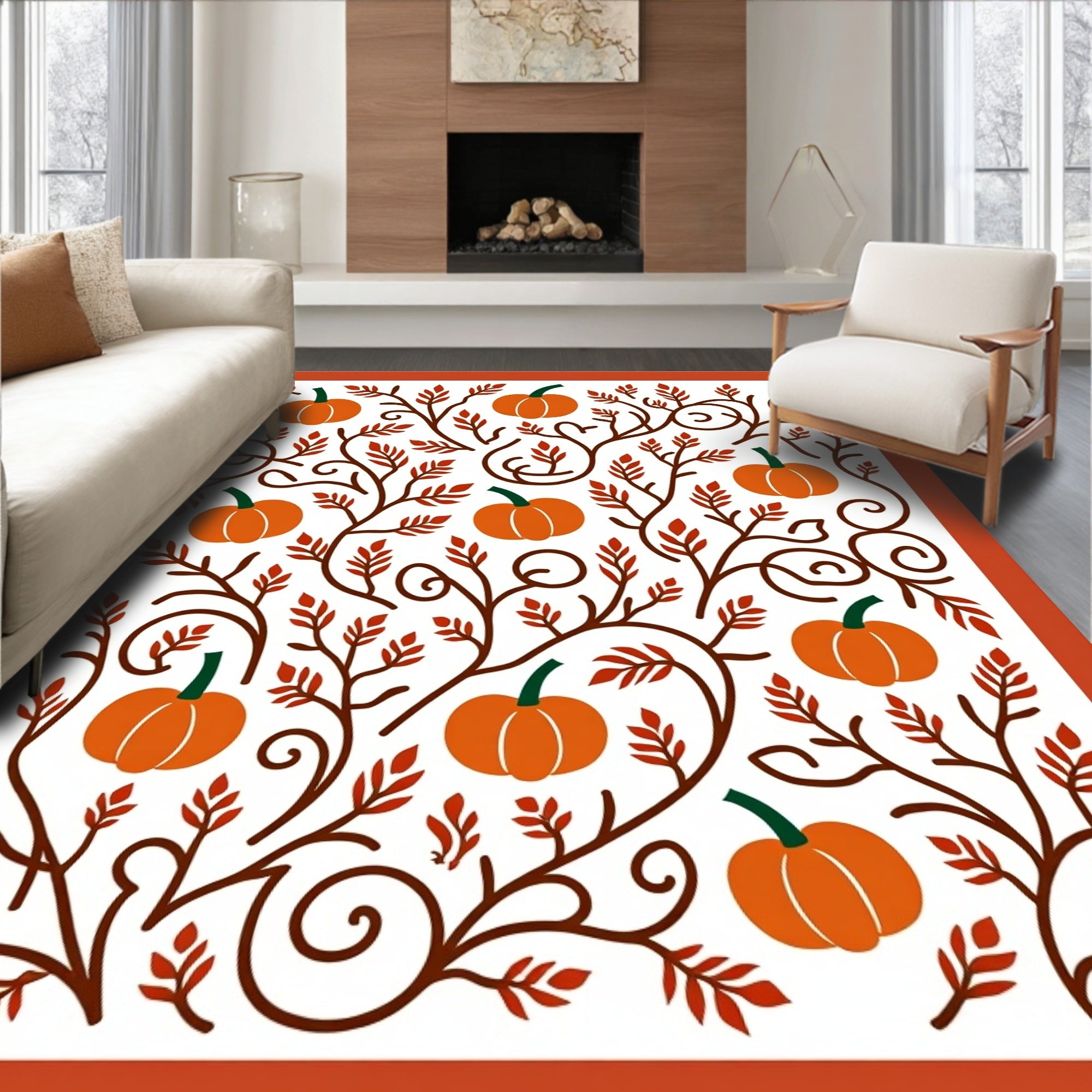 Autumn Pumpkin Vine Swirls Rug