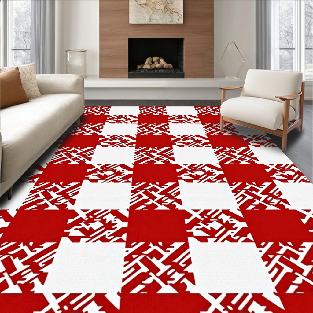 Bold Red White Abstract Checkered Rug
