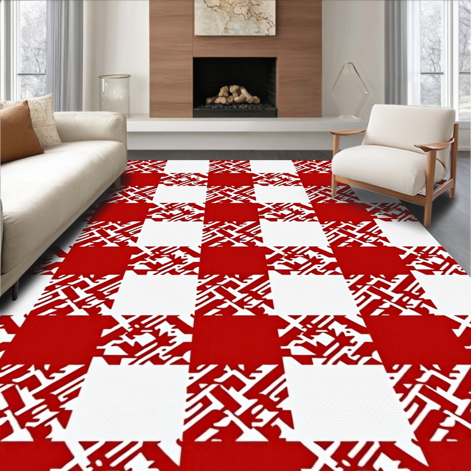 Bold Red White Abstract Checkered Rug