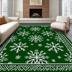 Green White Snowflake Winter Border Rug