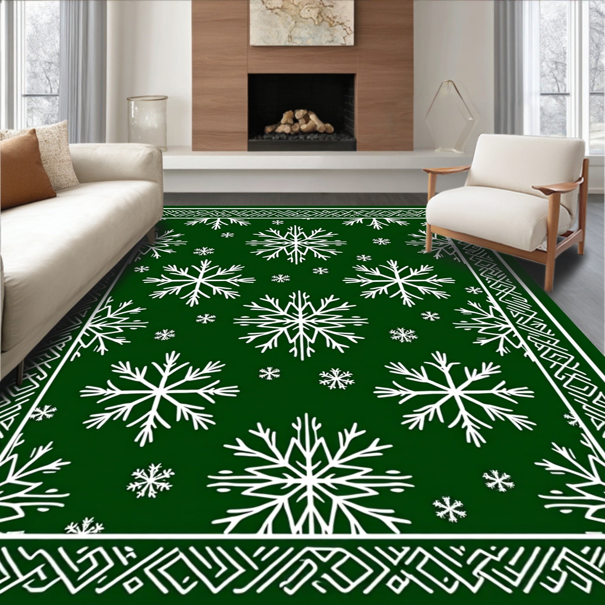 Green White Snowflake Winter Border Rug