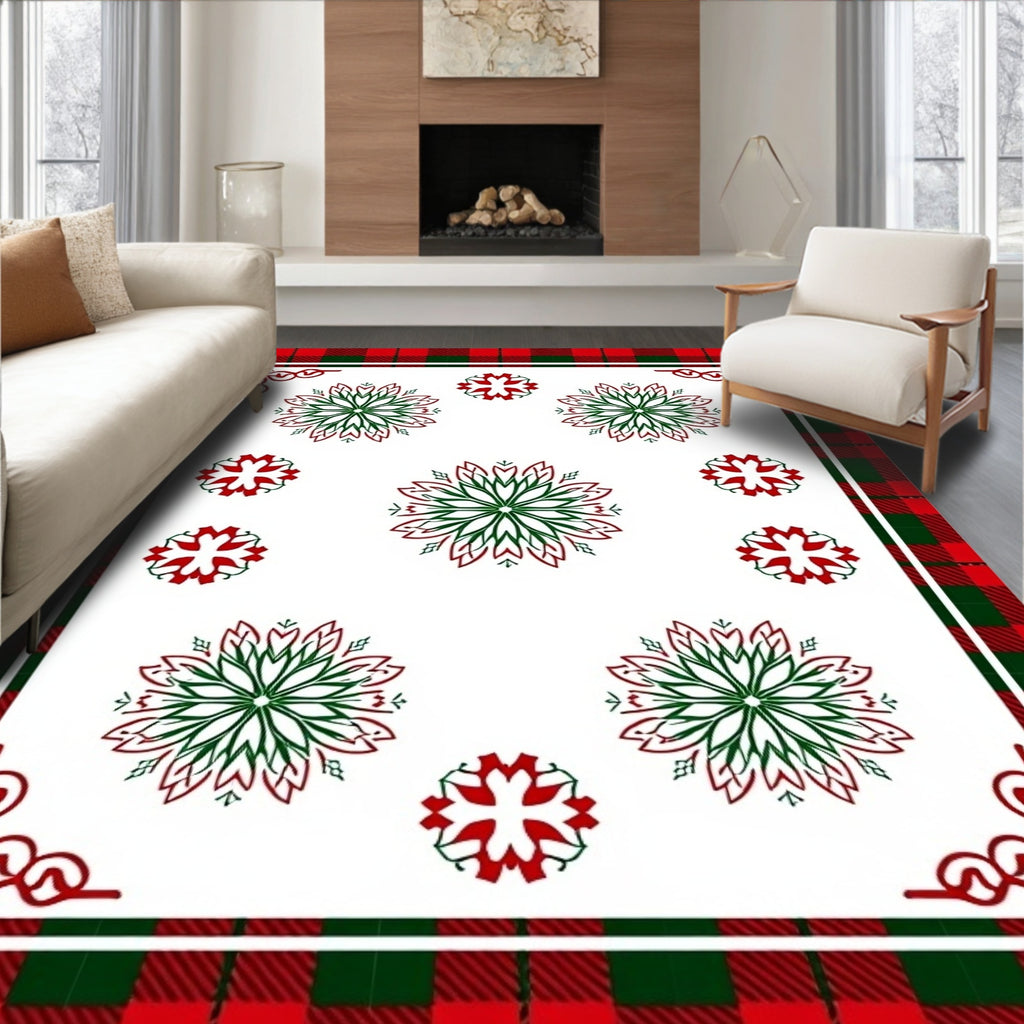 Red Green Buffalo Plaid Snowflake Mandala Rug