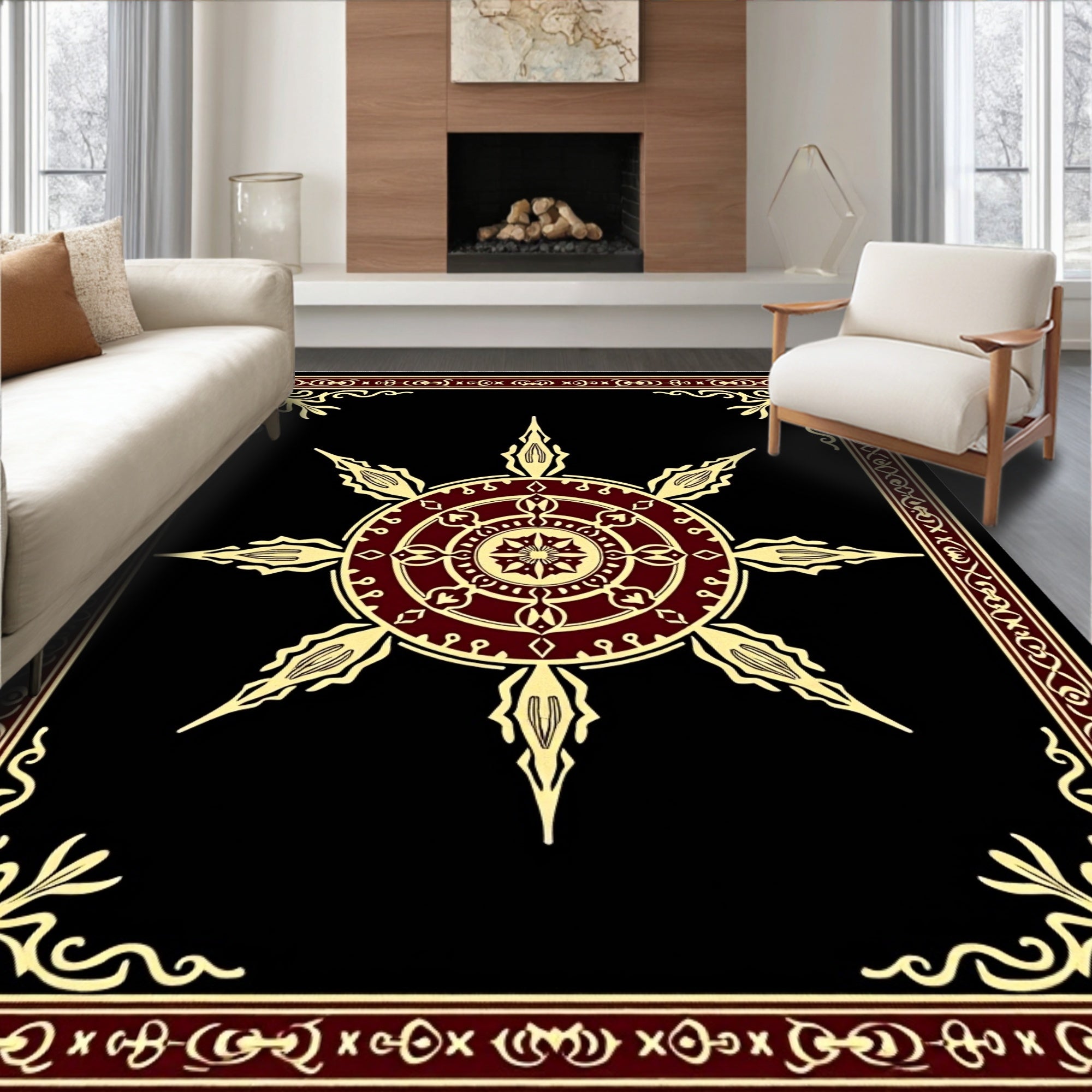 Burgundy Sunburst Medallion Frame Rug