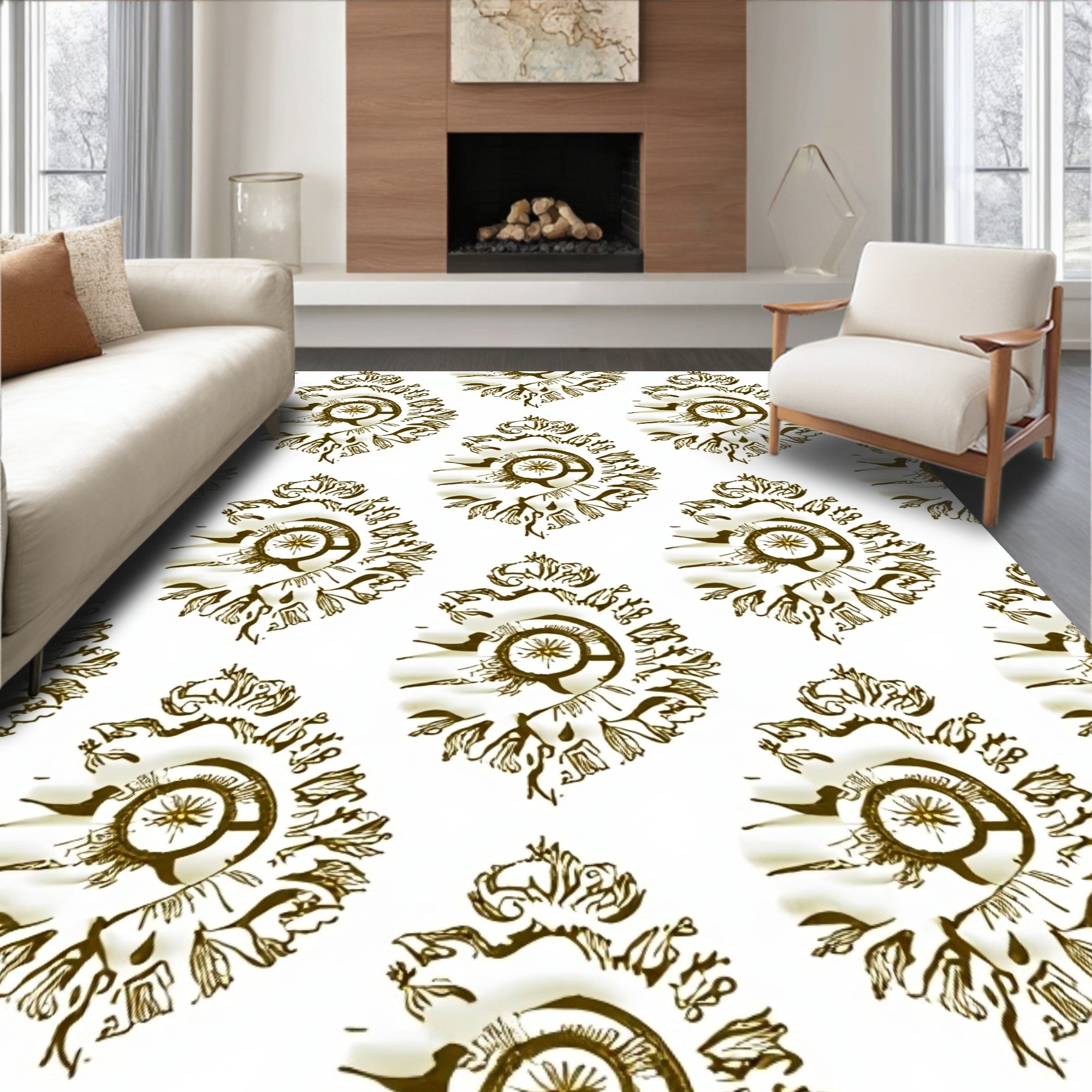 Golden Ornamental Medallion Relief Rug